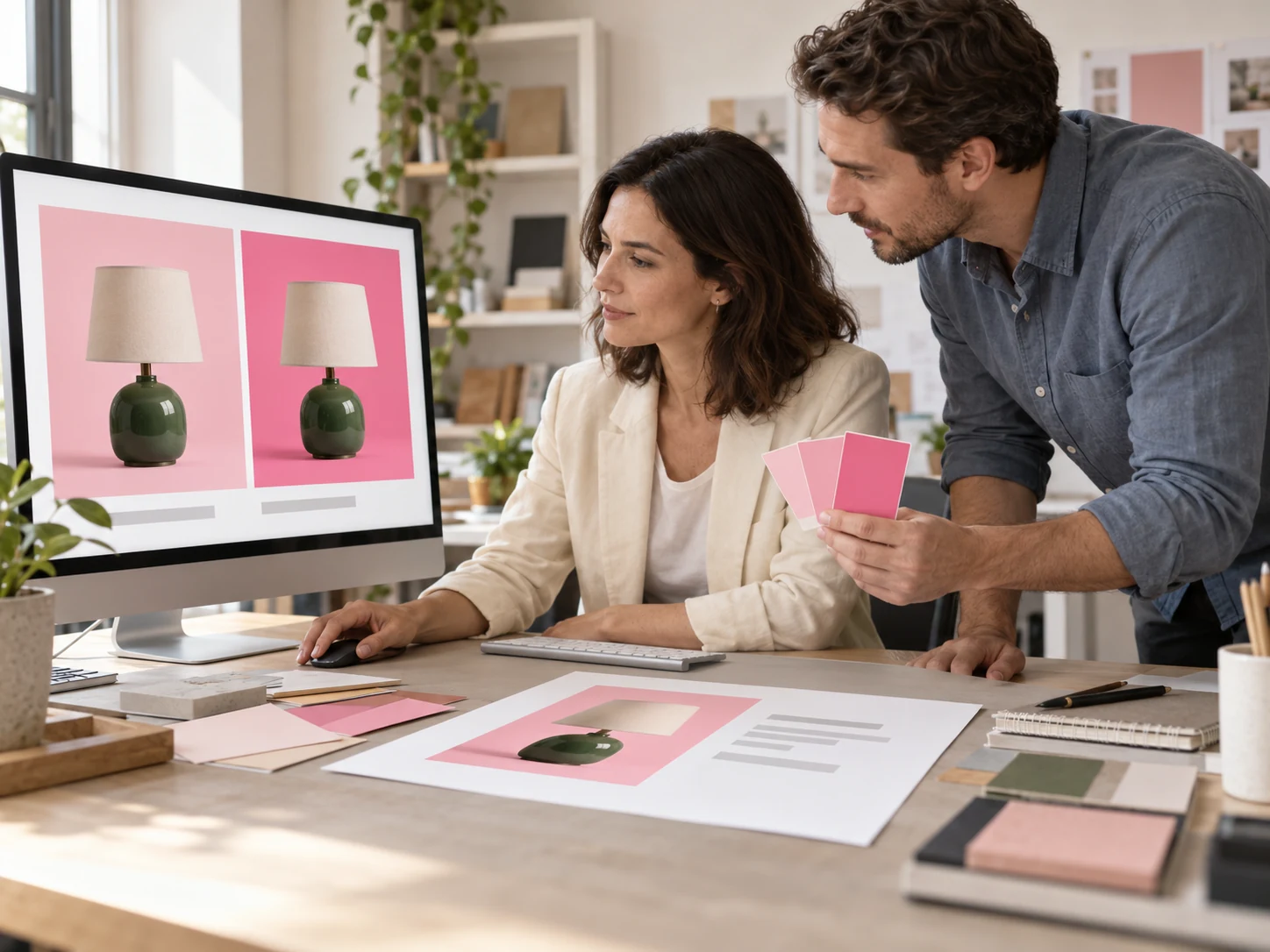 Diseñadora y colega de marketing comparando muestras rosas con alternativas de fotos para una campaña