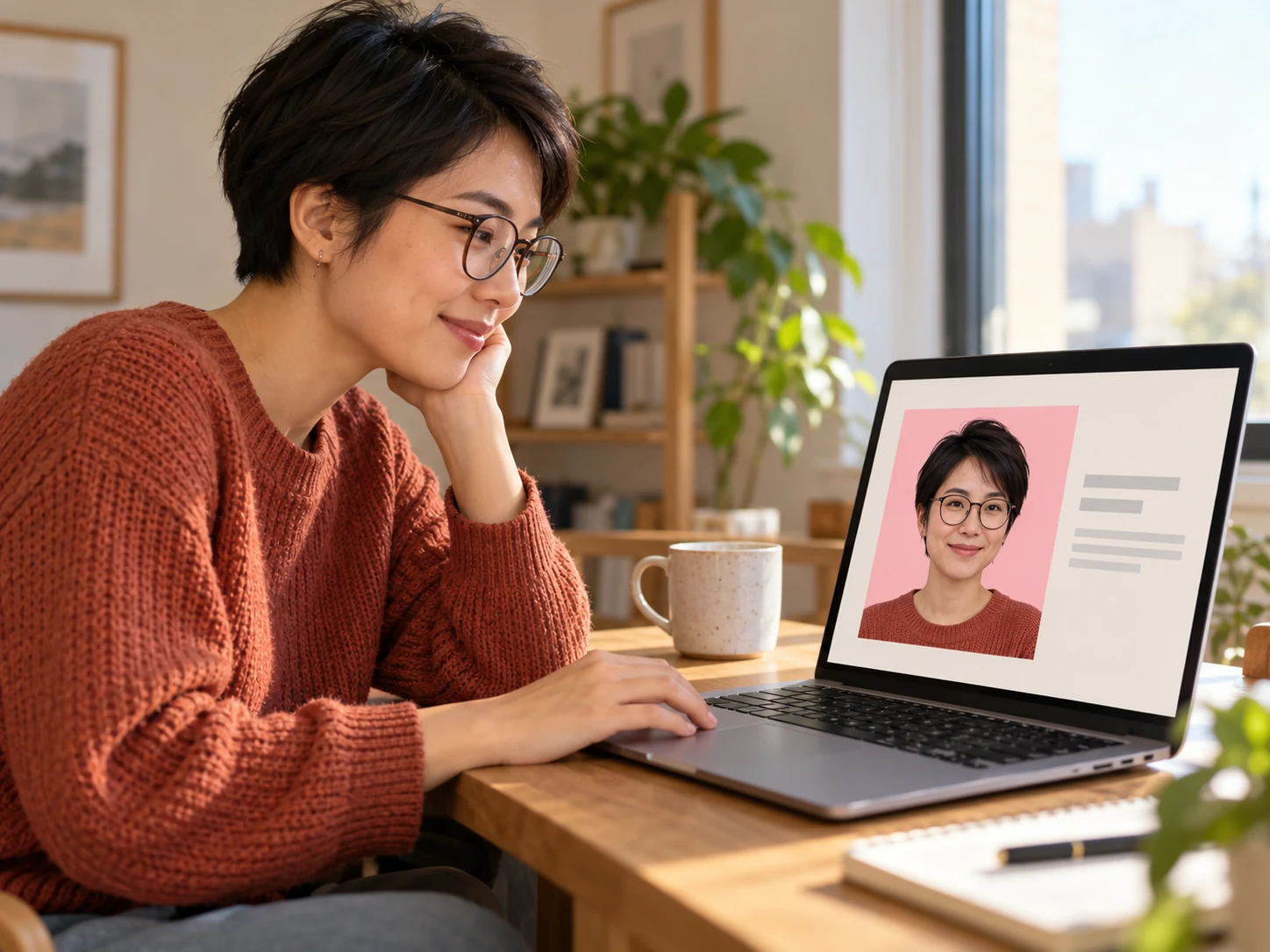 Mujer revisando en una laptop, en casa, su retrato de perfil con fondo rosa