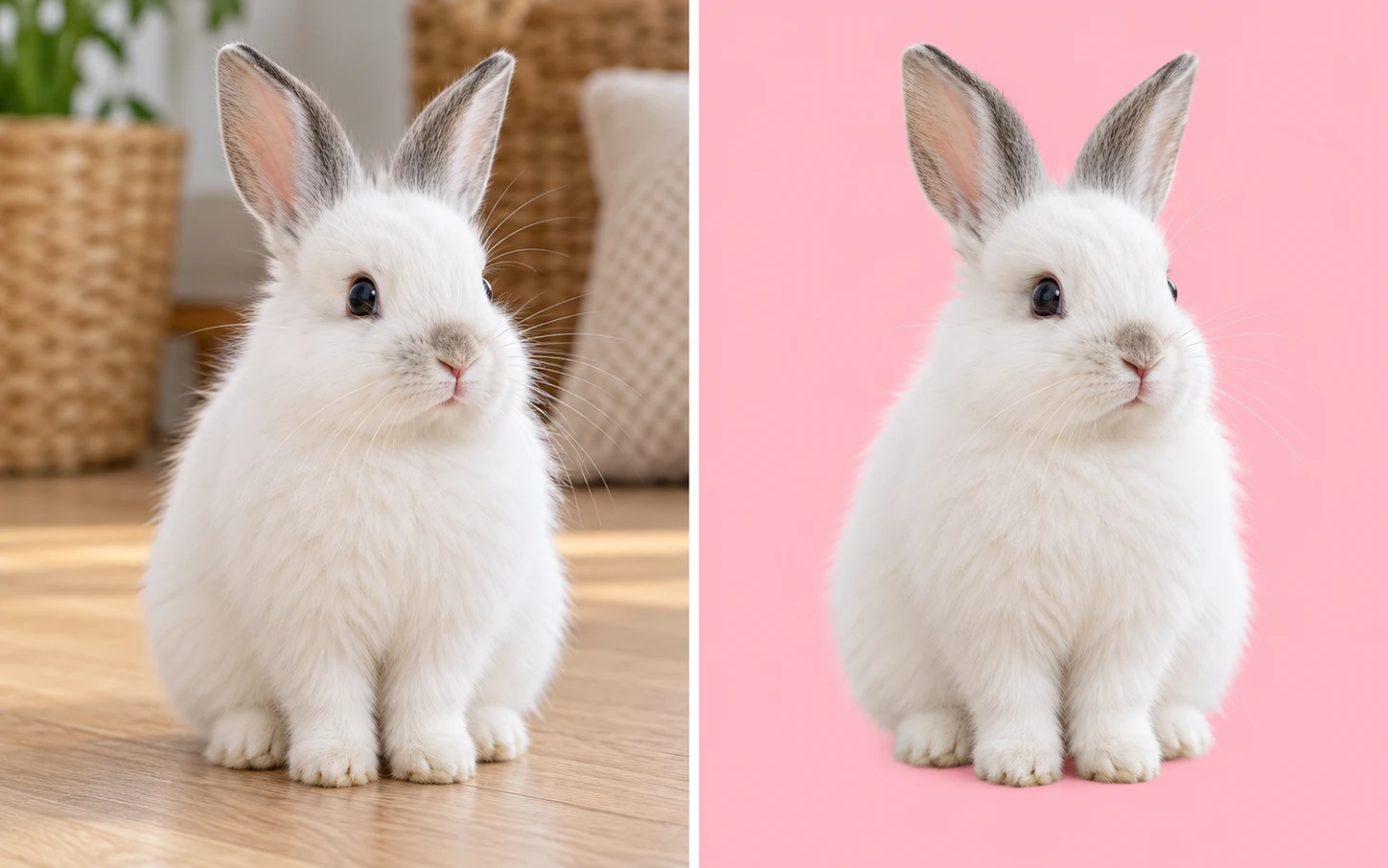 Comparación ilustrativa del mismo conejo blanco en una escena del hogar y sobre un fondo rosa