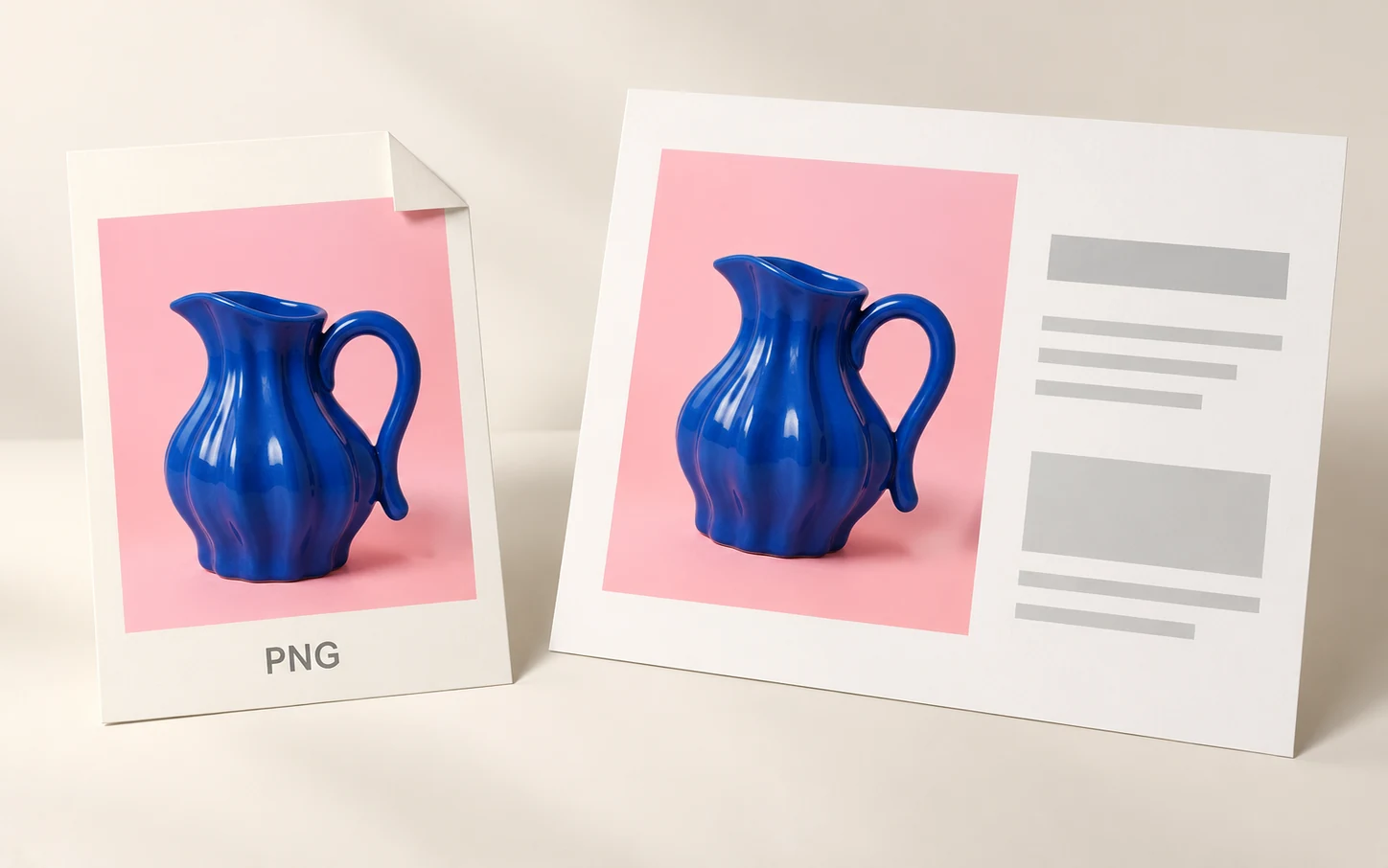 Ilustración de un archivo PNG y un diseño con la misma foto de una jarra azul sobre un fondo rosa