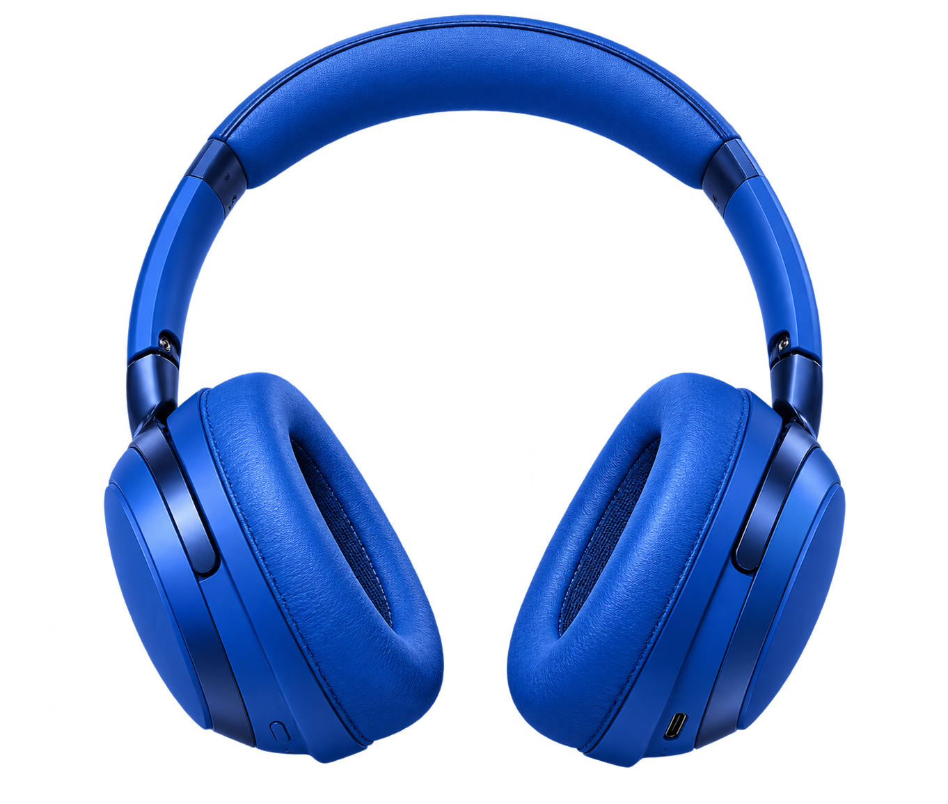 Cobalt blue headphones on a lilac background.