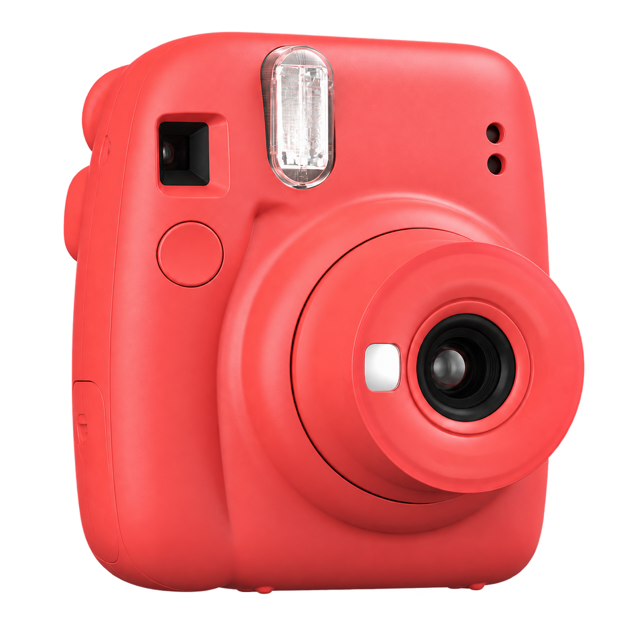 Coral instant camera isolated on a transparent checkerboard.