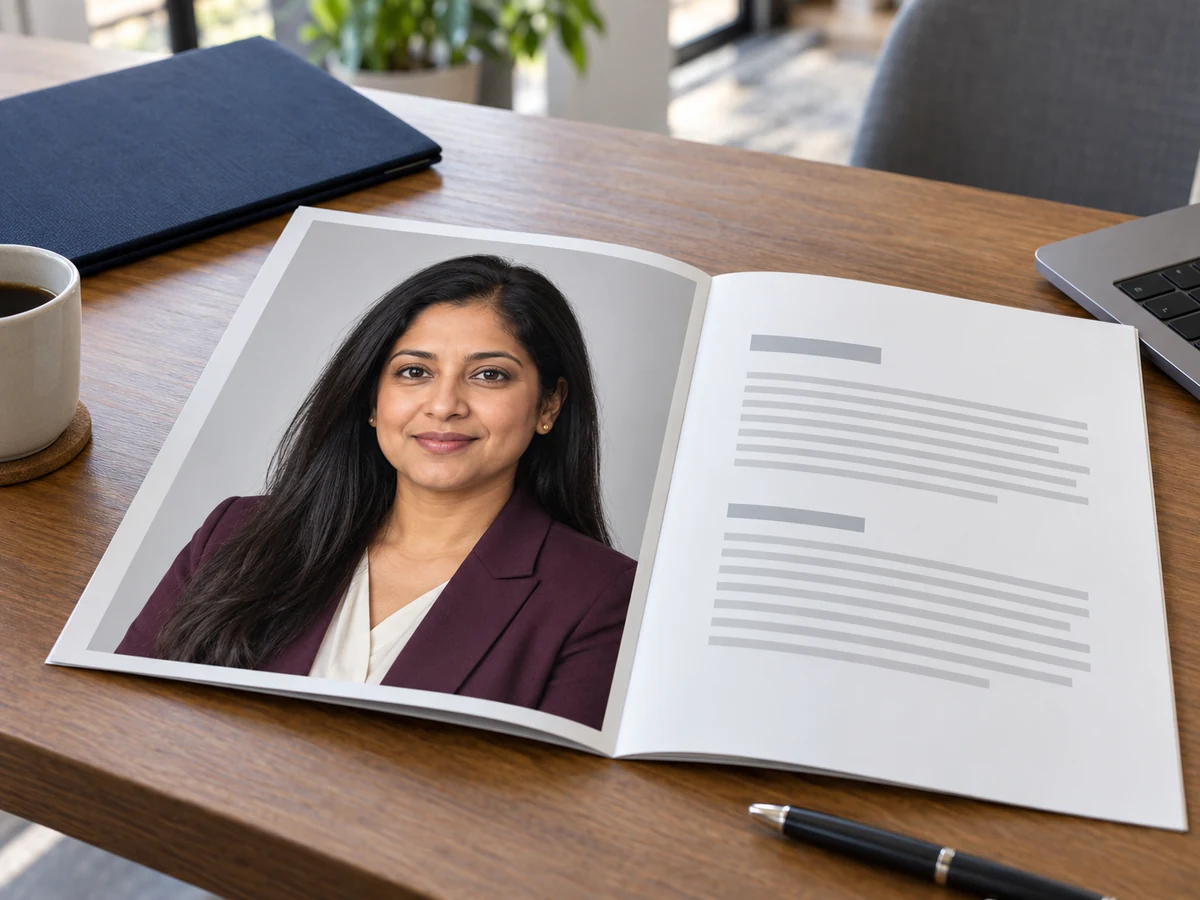 Brochure ng pagpapakilala sa consultant na may business portrait ng babaeng naka-plum na blazer sa neutral na background