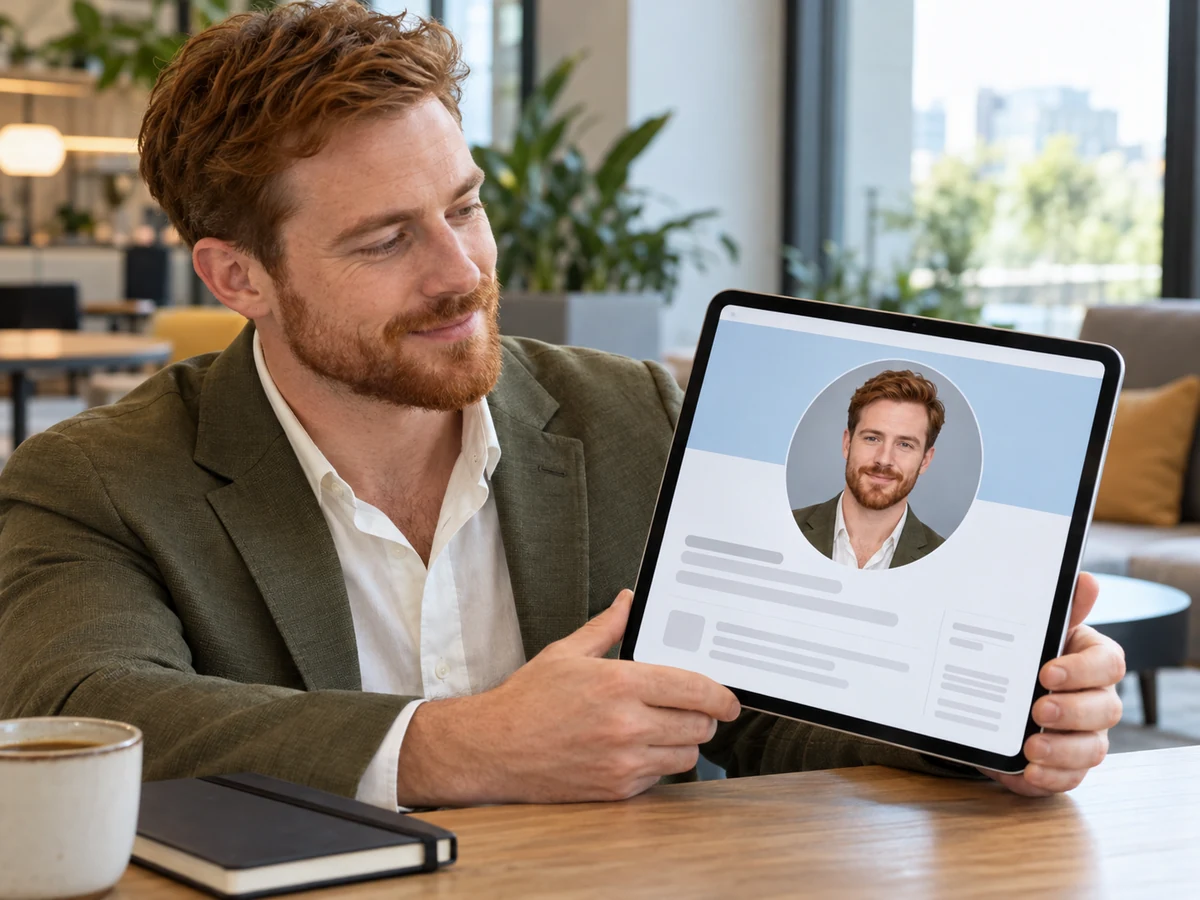 Lalaking naka-olive na blazer na tumitingin sa preview ng propesyonal na profile sa tablet gamit ang portrait niyang may abuhing-asul na background