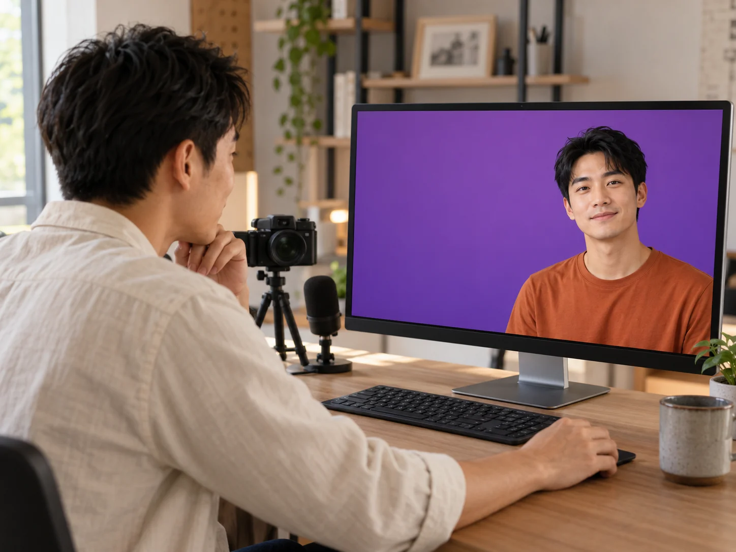 Contentmaker bekijkt aan zijn bureau met camera en microfoon zijn portret met paarse achtergrond voor een videocover