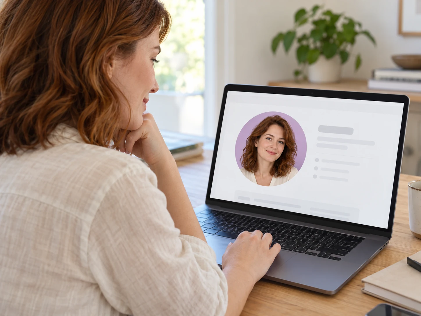 Vrouw bekijkt thuis op een laptop haar profielfoto met lavendelkleurige achtergrond