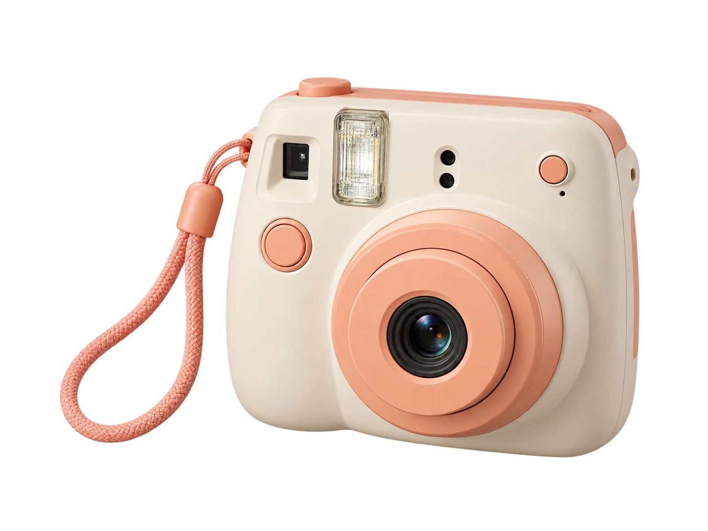 Ivoor- en perzikkleurige instantcamera tegen een achtergrond in klassiek paars