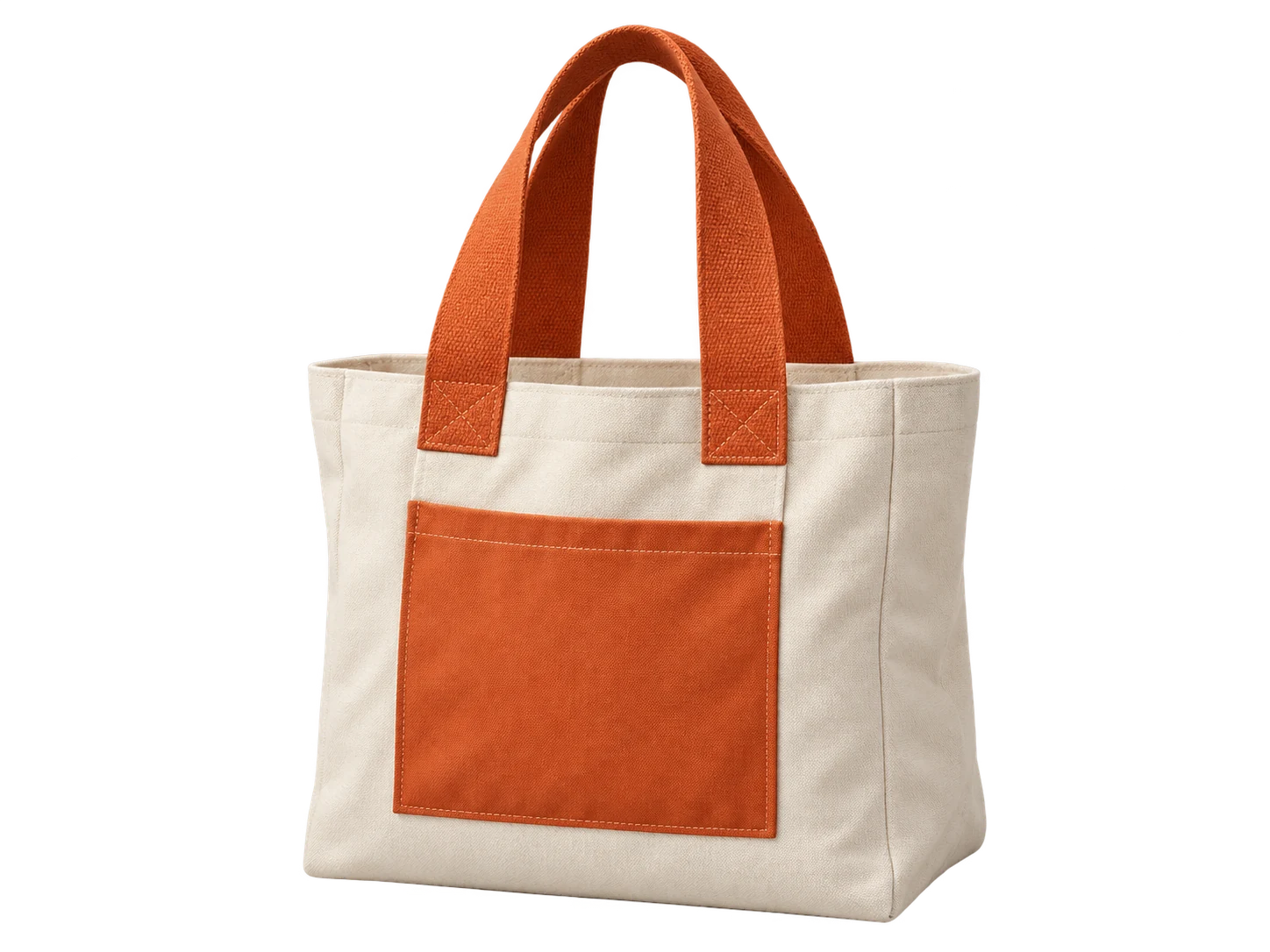 Crèmekleurige canvas tas met oranje hengsels tegen een klassieke paarse achtergrond