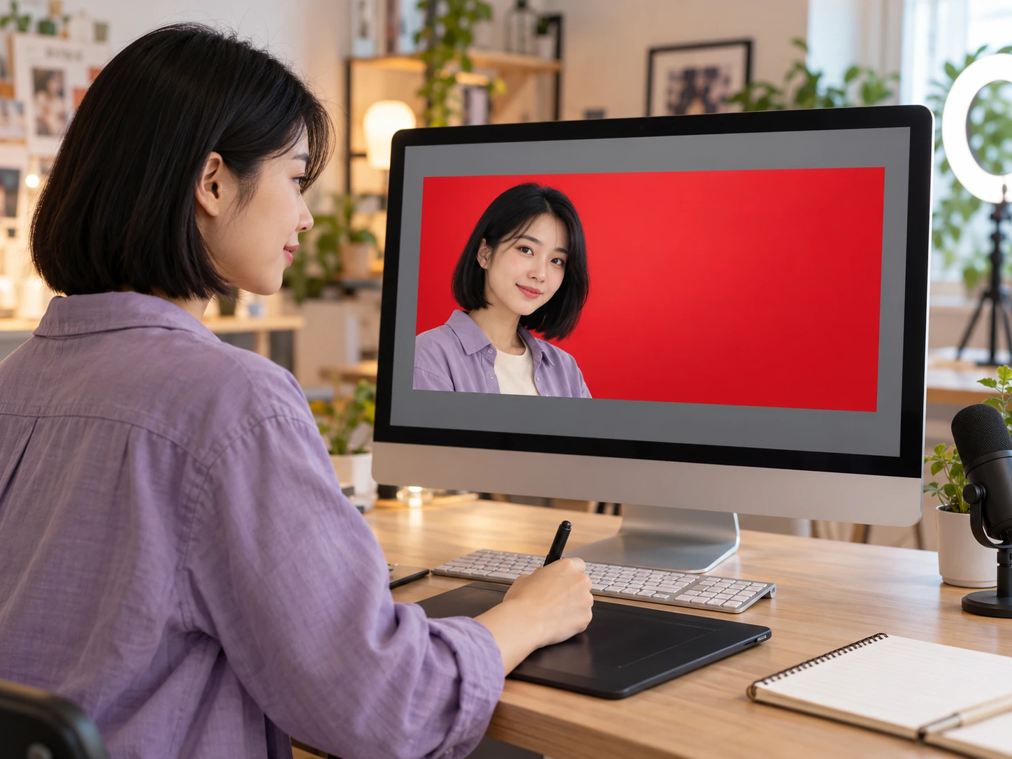 Criadora de conteúdo preparando uma miniatura de retrato com fundo vermelho em um monitor, com espaço para o layout da arte