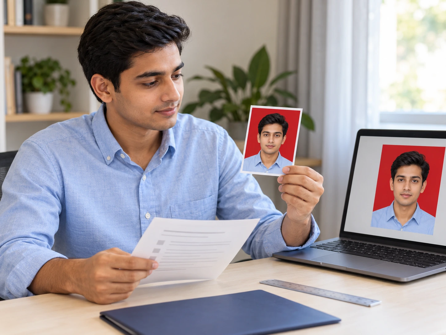 Pessoa conferindo um retrato impresso com fundo vermelho ao lado das instruções de inscrição e de uma prévia no notebook