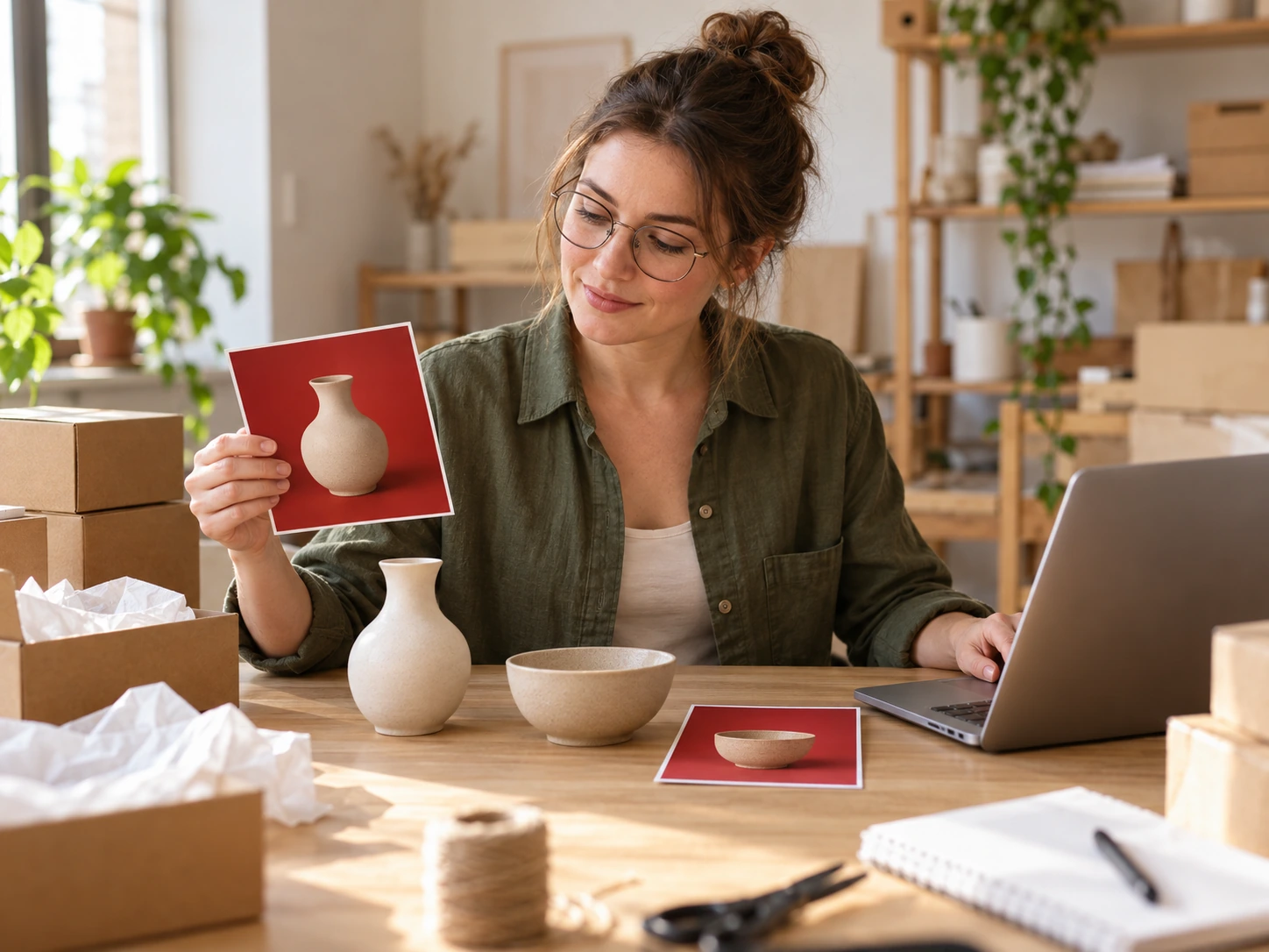 Dona de loja virtual conferindo fotos de produtos de cerâmica com fundos vermelhos combinando em sua mesa de embalagem