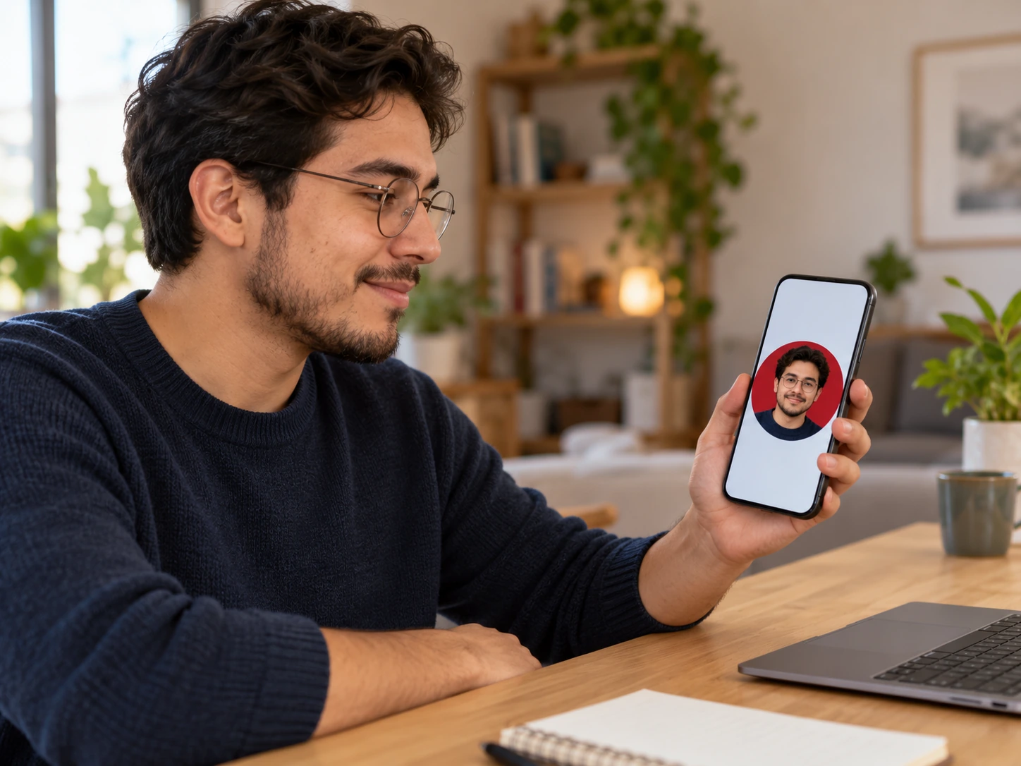 Usuário conferindo no celular uma prévia circular do próprio retrato com fundo vermelho
