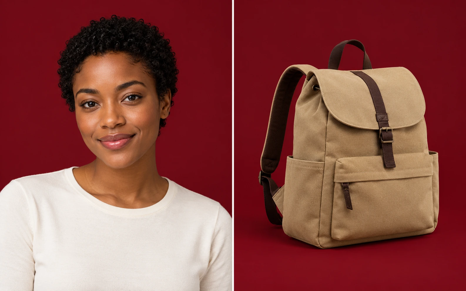 Exemplos separados de um retrato de mulher e de uma mochila bege sobre fundos vermelhos