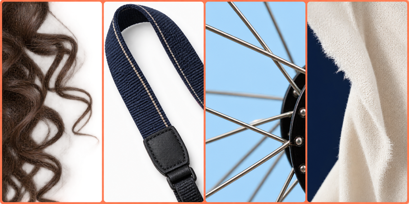 Four macro inspection tiles showing hair, a thin strap, wheel spokes, and a pale fabric edge