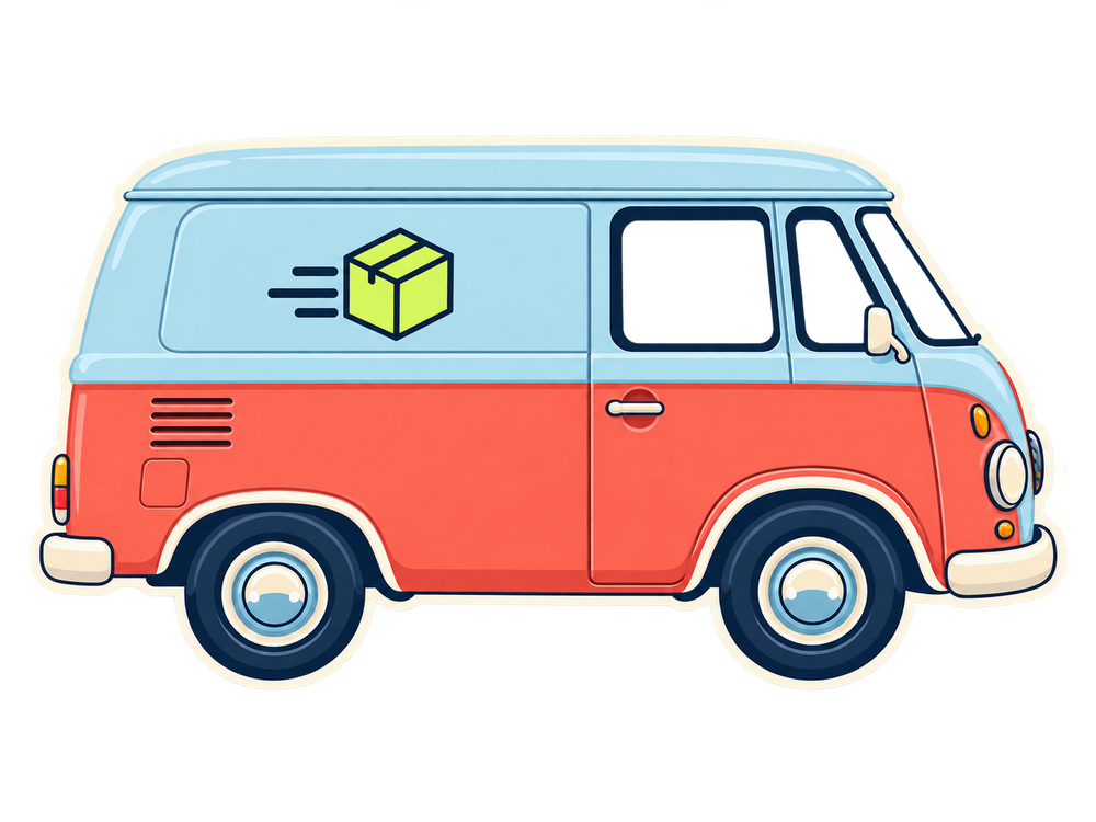 Retro delivery van sticker graphic displayed over transparency