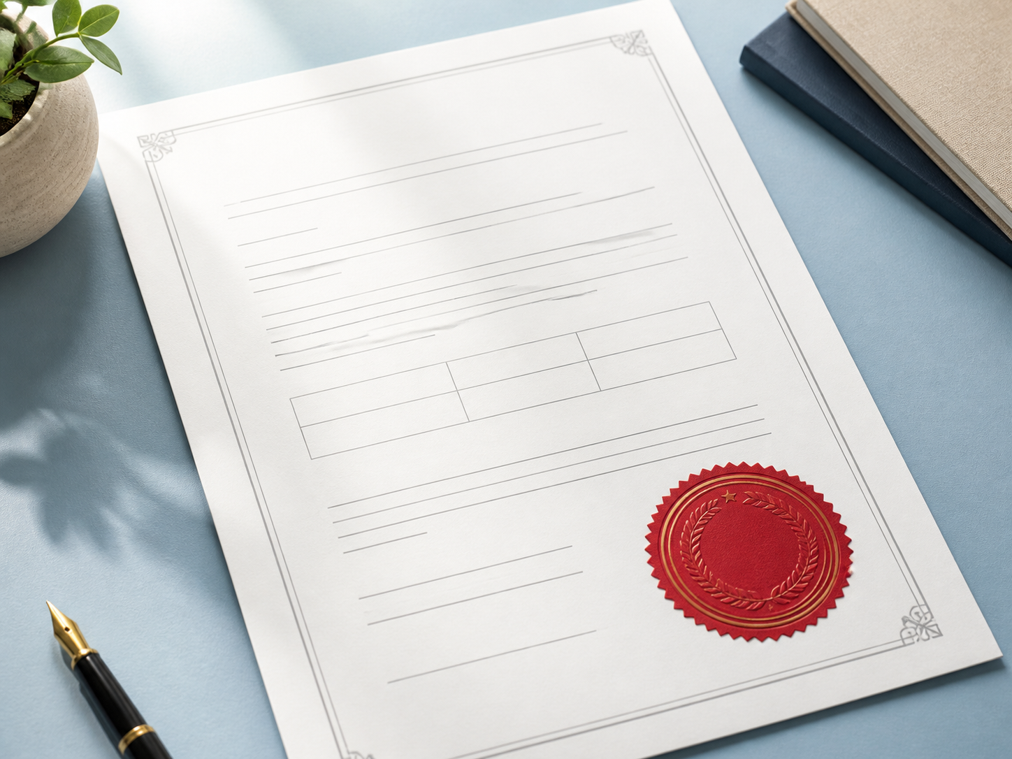 Red seal placed over the lower corner of a clean certificate document