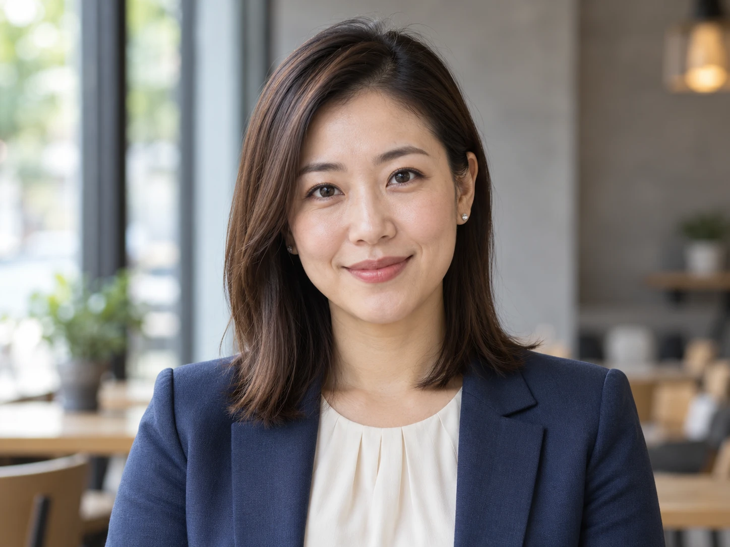 배경 변경 전, 카페에서 촬영한 네이비 재킷 차림의 여성